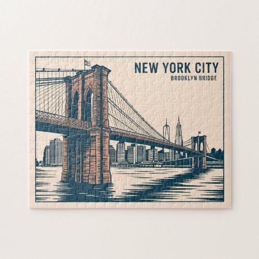 New York Brooklyn Bridge Skyline Bold Retro Travel ジグソーパズル (横)