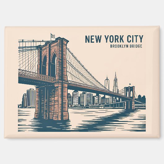 New York Brooklyn Bridge Skyline Bold Retro Travel マグネット (正面)