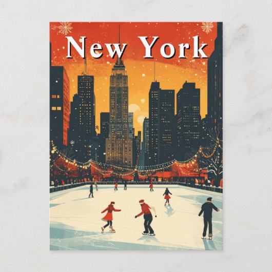 New York Christmas Ice Skating Retro ポストカード (正面)