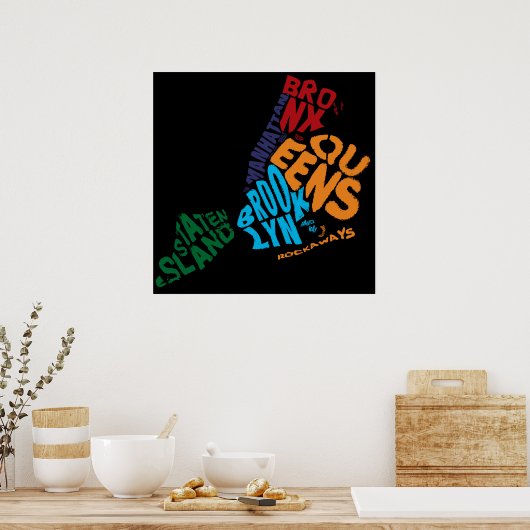 New York City 5 Boroughs Calligram Map ポスター (キッチン)