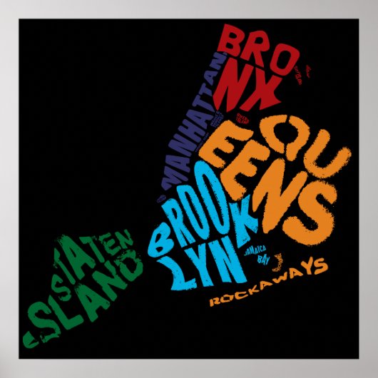New York City 5 Boroughs Calligram Map ポスター (正面)