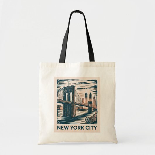 New York City Brooklyn Bridge Bold Retro Skyline トートバッグ (正面)