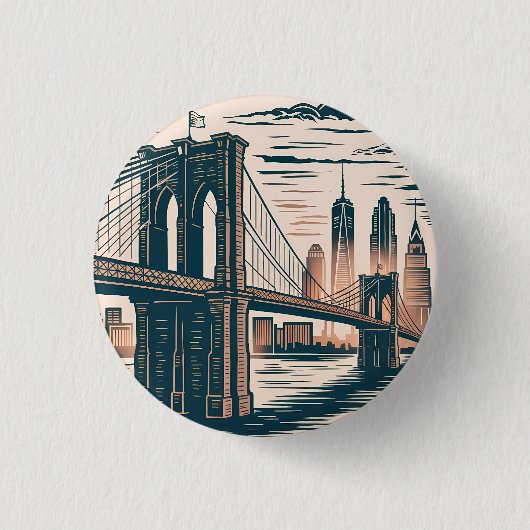 New York City Brooklyn Bridge Bold Retro Skyline  缶バッジ (正面)