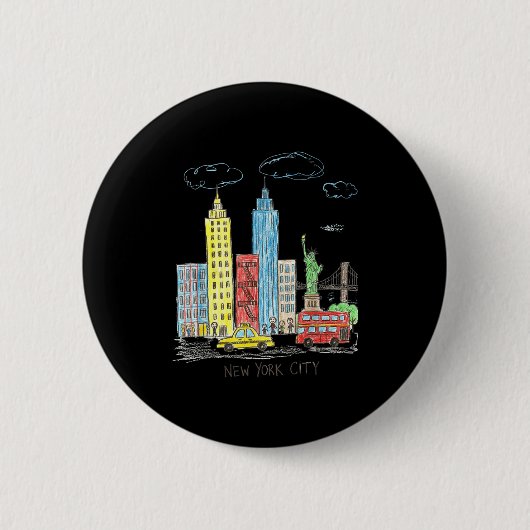 New York City Skyline Illustration Urban Kids Art  缶バッジ (正面)