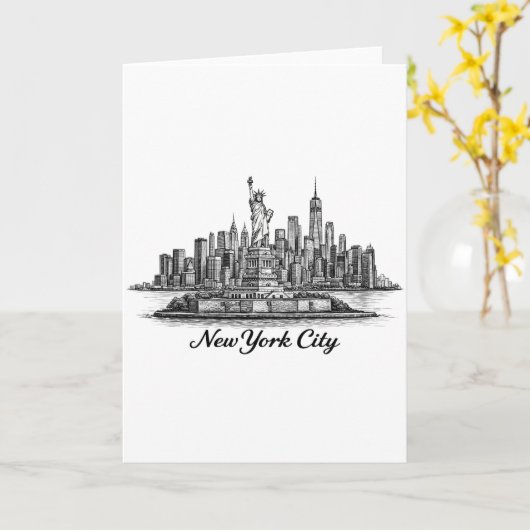 New York City Skyline Line Art Illustration カード (黄色い花)
