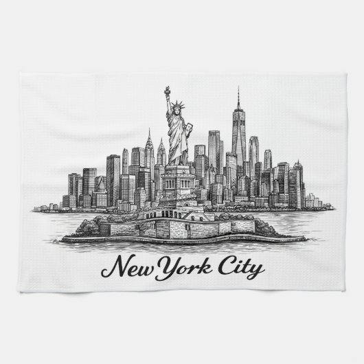 New York City Skyline Line Art Illustration キッチンタオル (横)