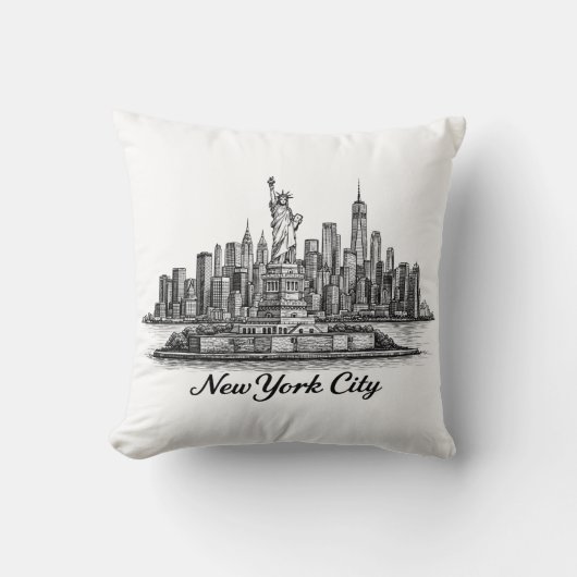 New York City Skyline Line Art Illustration クッション (正面)