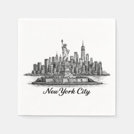 New York City Skyline Line Art Illustration スタンダードカクテルナプキン