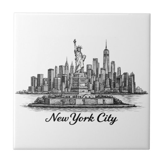 New York City Skyline Line Art Illustration タイル (正面)