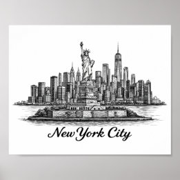 New York City Skyline Line Art Illustration ポスター