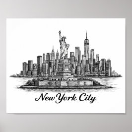 New York City Skyline Line Art Illustration ポスター