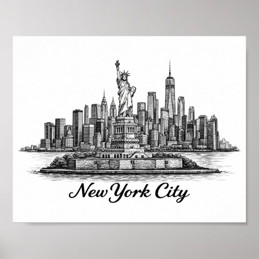 New York City Skyline Line Art Illustration ポスター (正面)