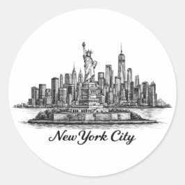 New York City Skyline Line Art Illustration ラウンドシール