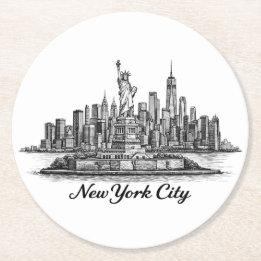 New York City Skyline Line Art Illustration ラウンドペーパーコースター