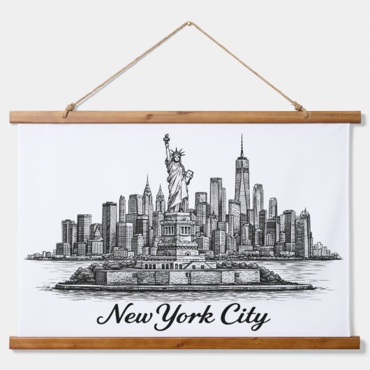 New York City Skyline Line Art Illustration 吊り下げ型タペストリー (正面)