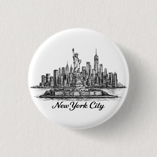 New York City Skyline Line Art Illustration 缶バッジ (正面)