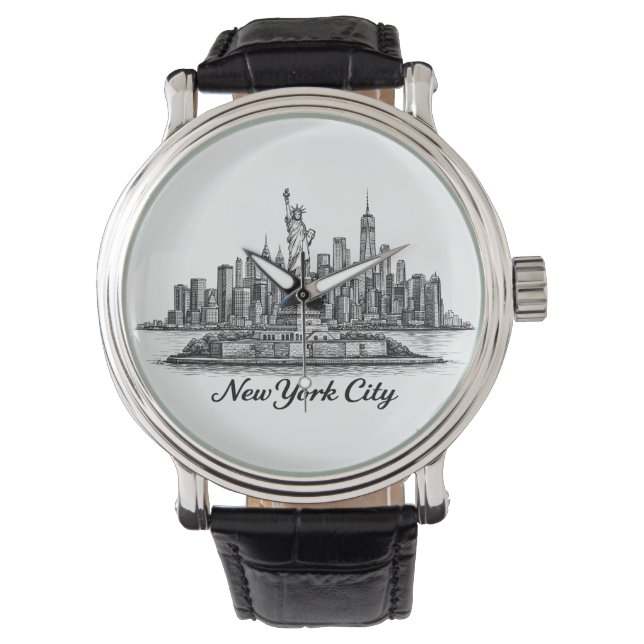New York City Skyline Line Art Illustration 腕時計 (正面)