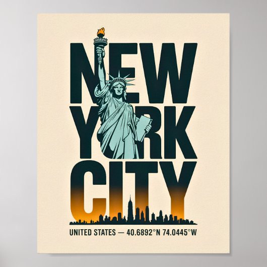 New York City Typography Statue of Liberty Skyline ポスター (正面)