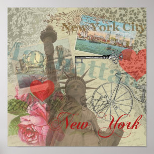 New York City Vintage Liberty Skyline Symbol Art ポスター