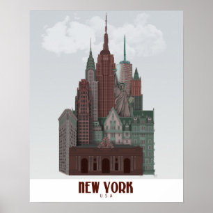 New York in Clouds - Dark Red and Green ポスター