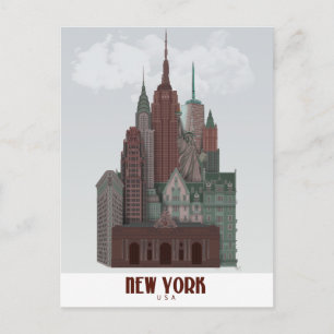 New York in Clouds - Dark Red and Green ポストカード