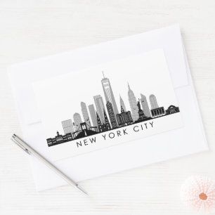 NEW YORK Manhatten USAシティスカイラインシルエット 長方形シール