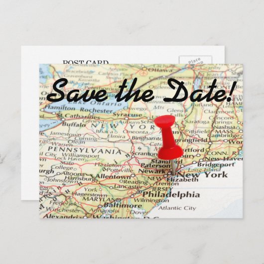 New York Map Pin日付の保存 案内ポストカード (正面/裏面)