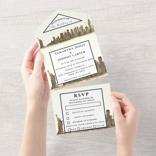 New York RSVP水彩画モダン色結婚黒 オールインワン招待状 (貼ってはがせる)