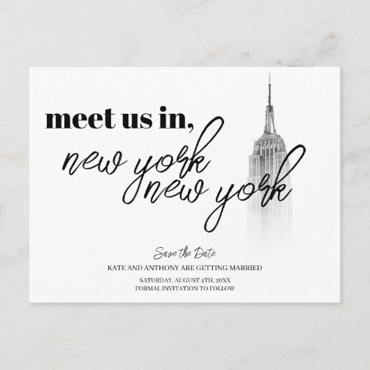 NEW YORK SKYLINE BLACK AND WHITE SAVE THE DATE ポストカード (正面)