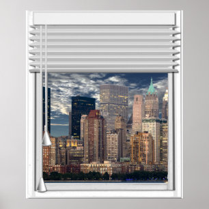 New York Skyline Viewブラインド付きフェイクウィンドウ ポスター