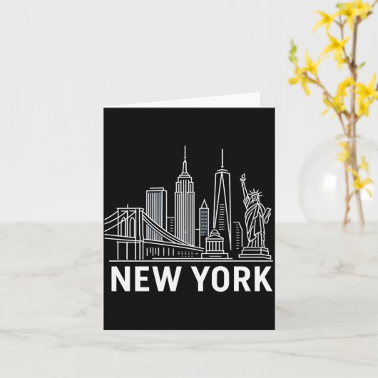 New York Skyline With Statue Of Liberty White Line カード (黄色い花)