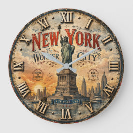 New York Statue of Liberty Vintage NYC Skyline ラージ壁時計
