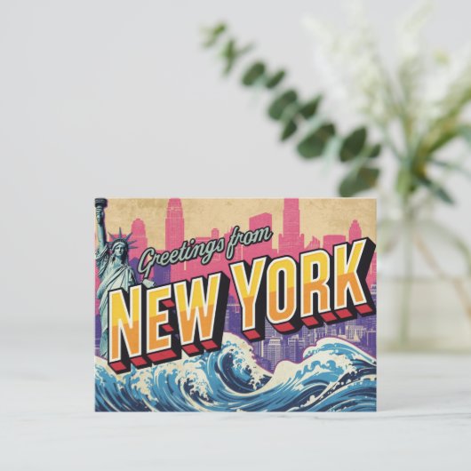 New York Statue Wave Skyline ポストカード (スタンド正面)