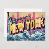 New York Statue Wave Skyline ポストカード (正面/裏面)