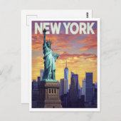 New York Travel Poster: Statue of Liberty Sunset ポストカード (正面/裏面)