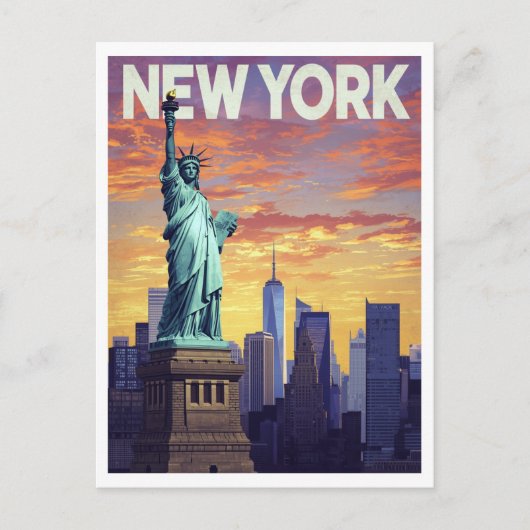 New York Travel Poster: Statue of Liberty Sunset ポストカード (正面)