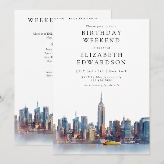 New York Watercolor Birthday Weekend 招待状 (正面/裏面)