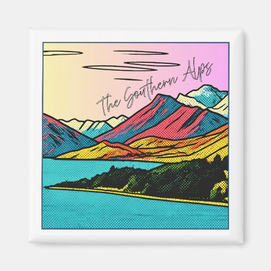 New Zealand Southern Alps Pop Art Retro Landscape マグネット (正面)