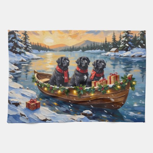 Newfoundland Dog Christmas Boat Holiday キッチンタオル (横)