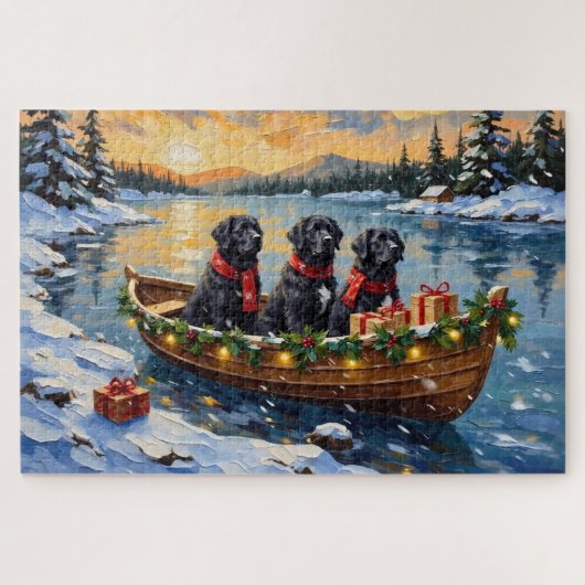 Newfoundland Dog Christmas Boat Holiday ジグソーパズル (横)