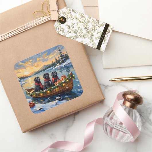Newfoundland Dog Christmas Boat Holiday スクエアシール (ギフト)