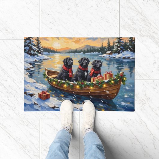 Newfoundland Dog Christmas Boat Holiday ドアマット (室内)