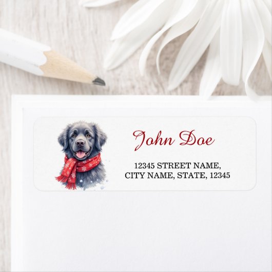 Newfoundland Dog Christmas Scarf Return Address ラベル (インサイチュ)