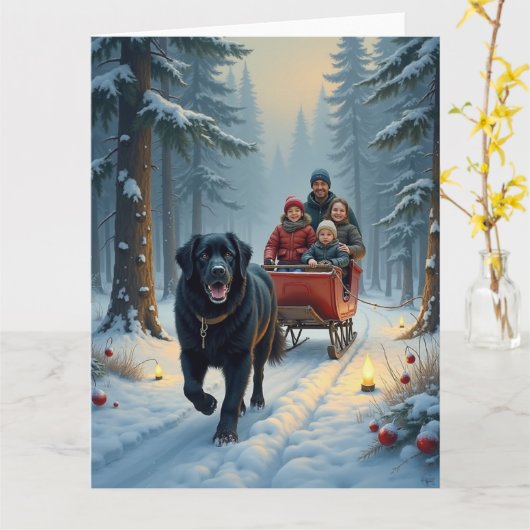 Newfoundland Dog Snowy Sleigh Ride Christmas カード (黄色い花)
