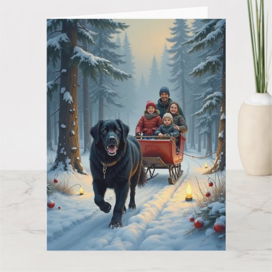 Newfoundland Dog Snowy Sleigh Ride Christmas カード (正面)