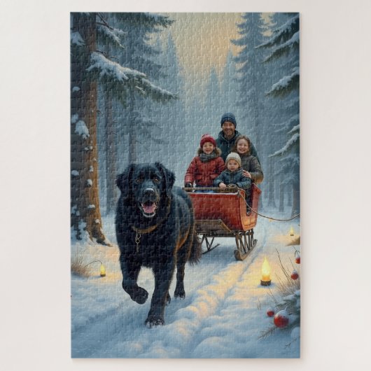 Newfoundland Dog Snowy Sleigh Ride Christmas ジグソーパズル (縦)