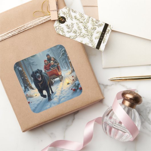 Newfoundland Dog Snowy Sleigh Ride Christmas スクエアシール (ギフト)