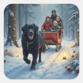 Newfoundland Dog Snowy Sleigh Ride Christmas スクエアシール (正面)