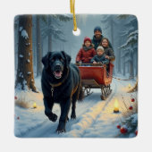 Newfoundland Dog Snowy Sleigh Ride Christmas セラミックオーナメント (正面)
