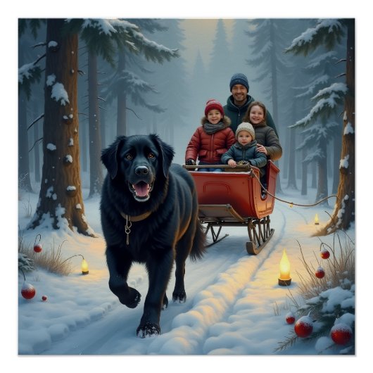 Newfoundland Dog Snowy Sleigh Ride Christmas ポスター (正面)